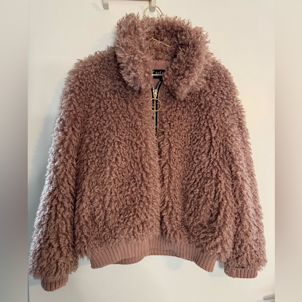 Zara x TRF Faux Fur Bomber Jacket, Mauve, size S